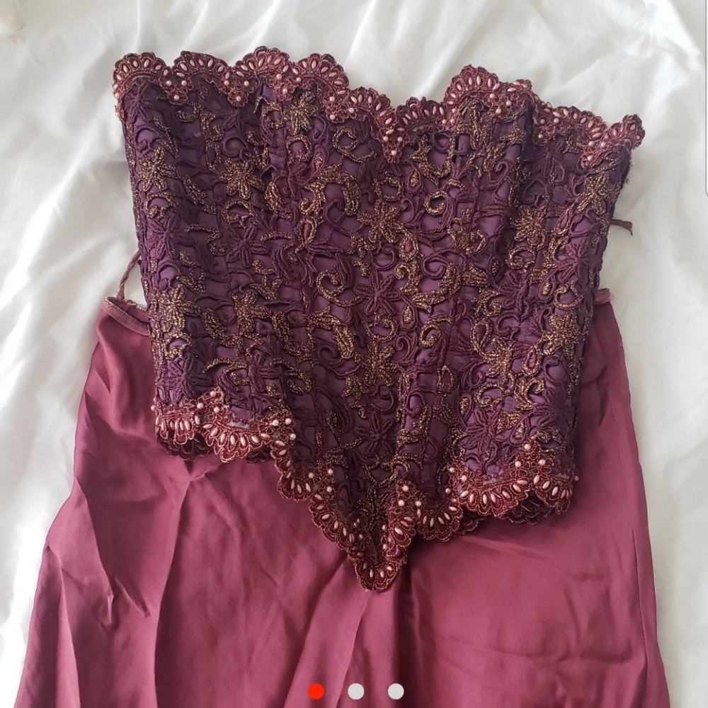 Burgundy bustier and silk skirt